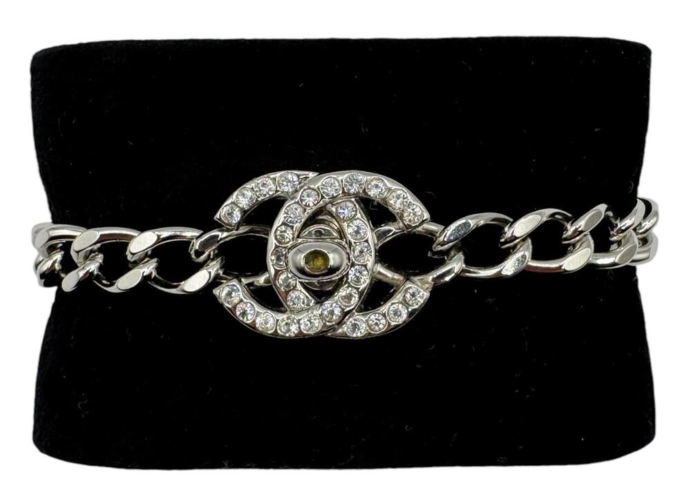 Chanel Rhinestone CC Turnlock Bracelet in Silver